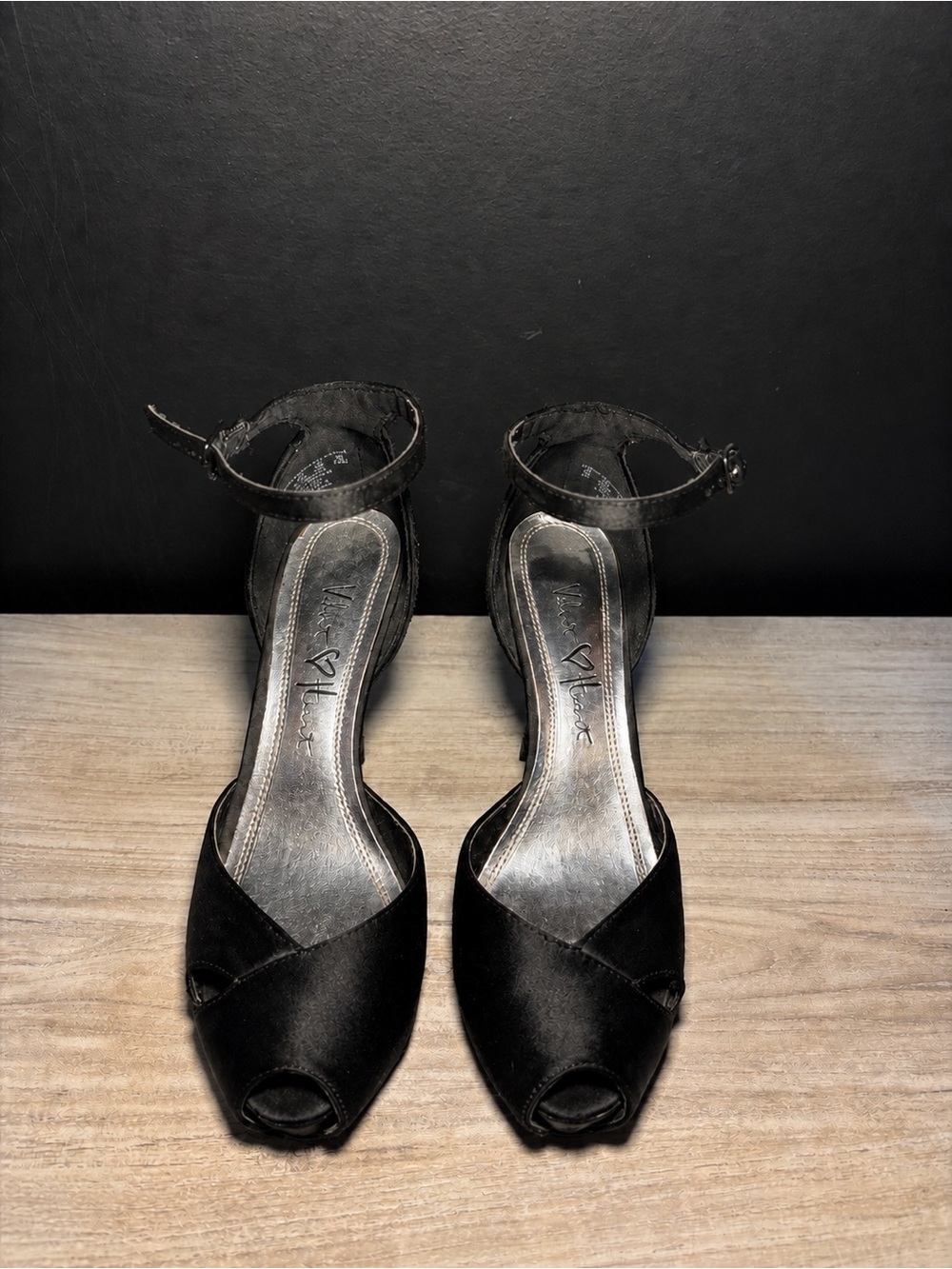 Velvet Heart Black Peep-Toe Ankle-Strap Heels